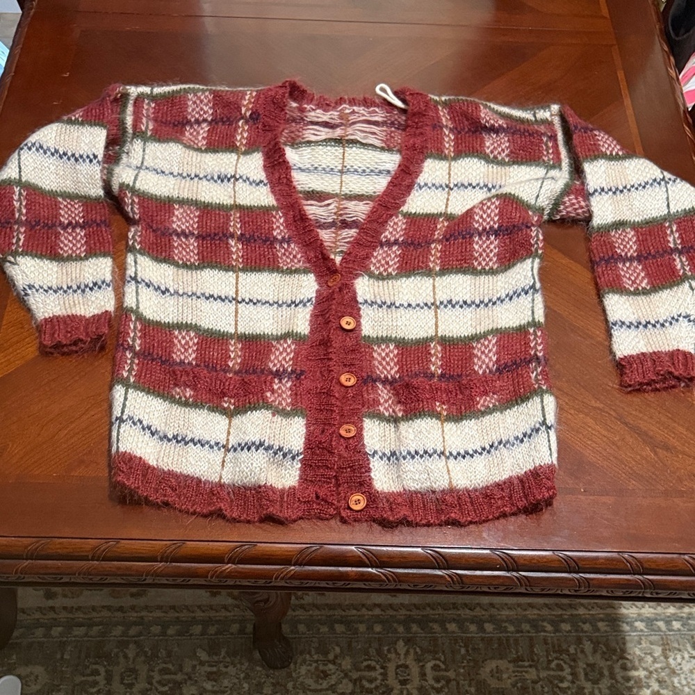 Grandpa hand knit Cozy Plaid pattern Cardigan Sweater - Red and White